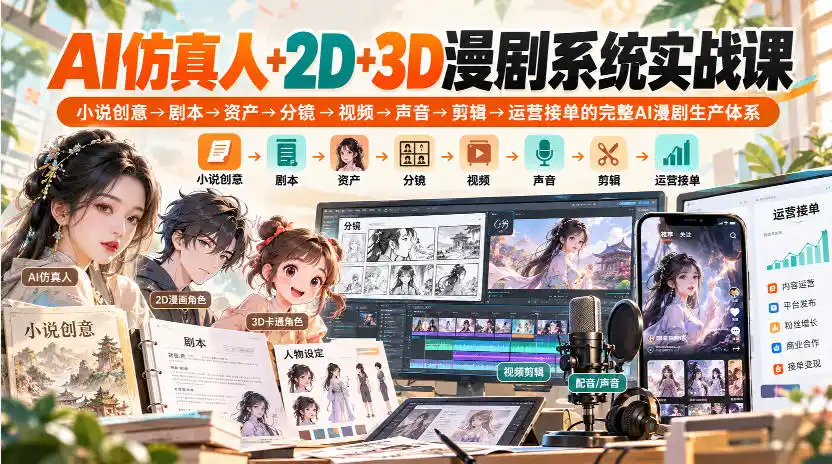 【无水印】AI仿真人+2D+3D漫剧系统实战课,小说创意→剧本→资产→分镜→视频→声音→剪辑→运营接单的完整AI漫剧生产体系-二当家网创资源站