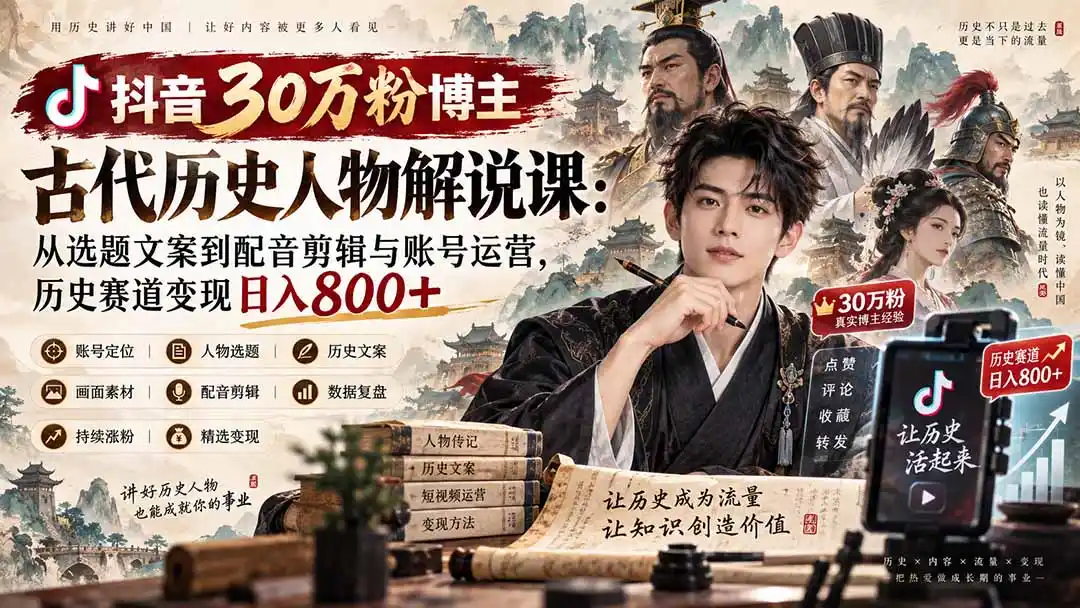 抖音30万粉博主古代历史人物解说课：从选题文案到配音剪辑与账号运营，历史赛道变现日入800+-二当家网创资源站