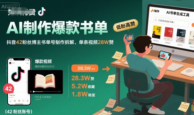AI制作爆款书单，抖音42粉丝博主书单号制作拆解，单条视频28W赞-二当家网创资源站