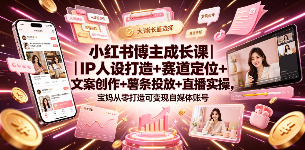 小红书博主成长课｜IP人设打造+赛道定位+文案创作+薯条投放+直播实操，宝妈从零打造可变现自媒体账号-二当家网创资源站