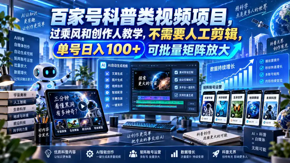 百家号科普类视频项目,过乘风和创作人教学,不需要人工剪辑,单号日入100+可批量矩阵放大-二当家网创资源站