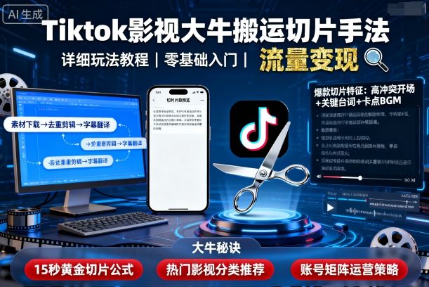 Tiktok影视大牛搬运切片手法,详细玩法教程-二当家网创资源站