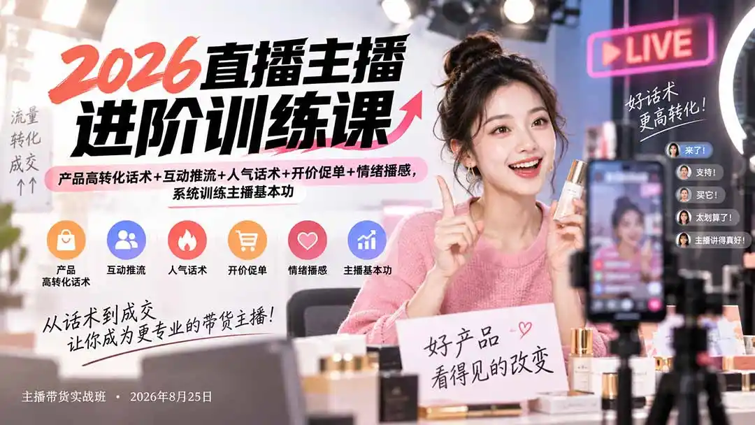 2026直播主播进阶训练课:产品高转化话术+互动推流+人气话术+开价促单+情绪播感,系统训练主播基本功-二当家网创资源站