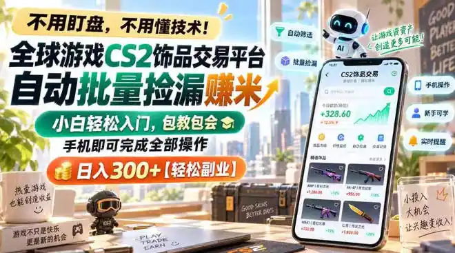 全球游戏CS2饰品交易平台自动批量捡漏賺米,小白轻松入门,包教包会,手机即可完成全部操作,日入300+【揭秘】-二当家网创资源站