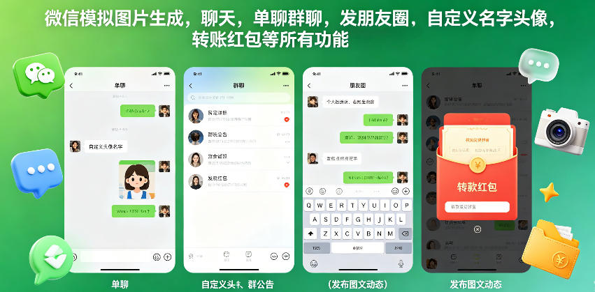 微信模拟图片生成，聊天，单聊群聊，发朋友圈，自定义名字头像，转账红包等所有功能都可以生成-二当家网创资源站