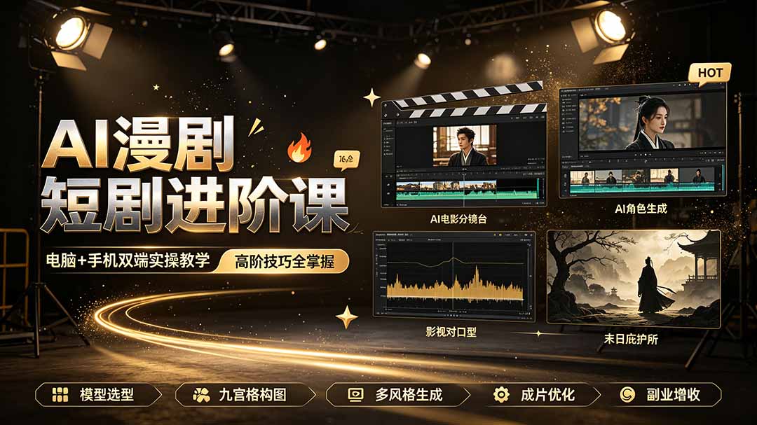 AI漫剧短剧进阶课｜电脑+手机双端实操教学｜影视剧对口型人物吃瓜×解压末日庇护所全程讲解，高阶技巧全掌握-二当家网创资源站