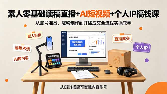 素人零基础读稿直播+AI短视频+个人IP搞钱课，从账号准备、涨粉制作到开播成交全流程实操教学-二当家网创资源站