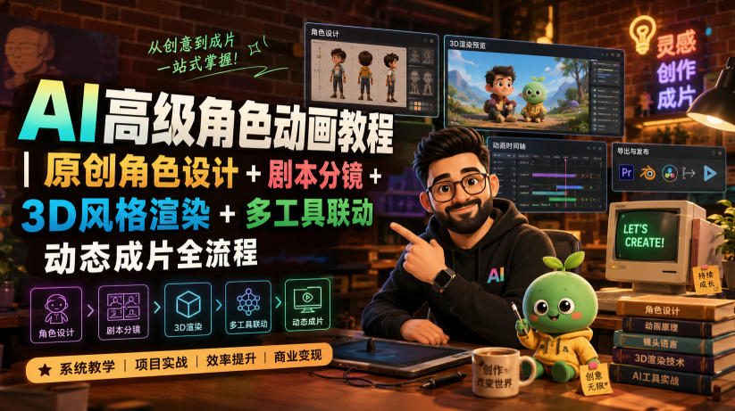 AI高级角色动画教程|原创角色设计+剧本分镜+3D风格渲染+多工具联动动态成片全流程【中英字幕】-二当家网创资源站