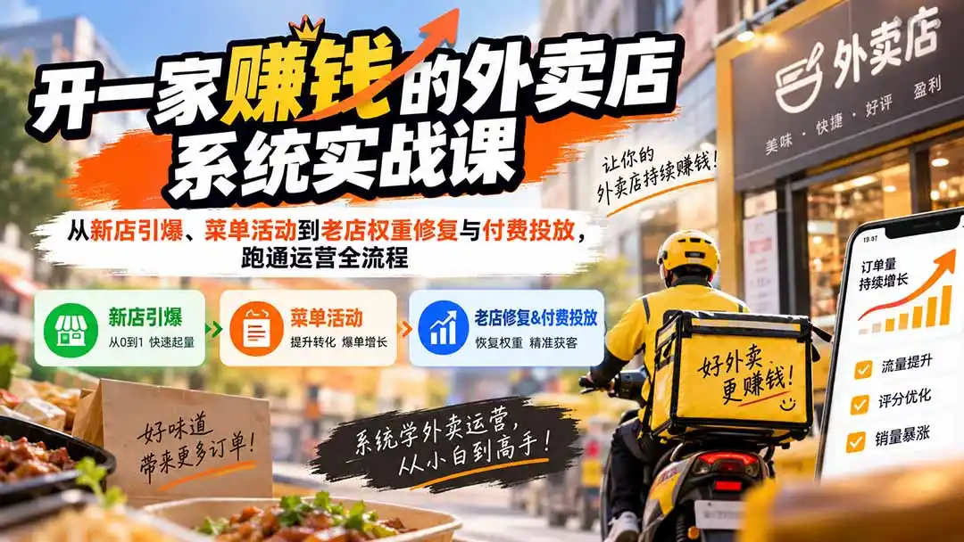 开一家赚钱的外卖店系统实战课:从新店引爆、菜单活动到老店权重修复与付费投放,跑通运营全流程-二当家网创资源站