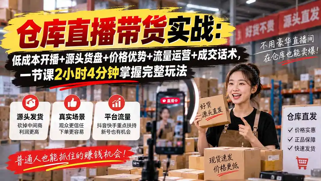 仓库直播带货实战：低成本开播+源头货盘+价格优势+流量运营+成交话术，一节课2小时4分钟掌握完整玩法-二当家网创资源站