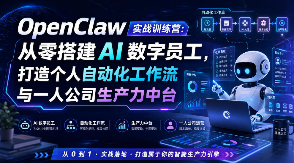 OpenClaw实战训练营:从零搭建AI数字员工,打造个人自动化工作流与一人公司生产力中台-二当家网创资源站
