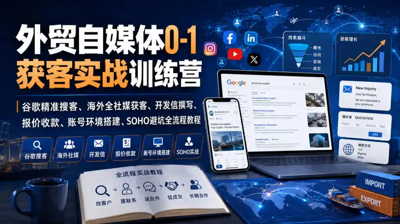 外贸自媒体0-1获客实战训练营|谷歌精准搜客、海外全社媒获客、开发信撰写、报价收款、账号环境搭建、SOHO避坑全流程教程(更新)-二当家网创资源站