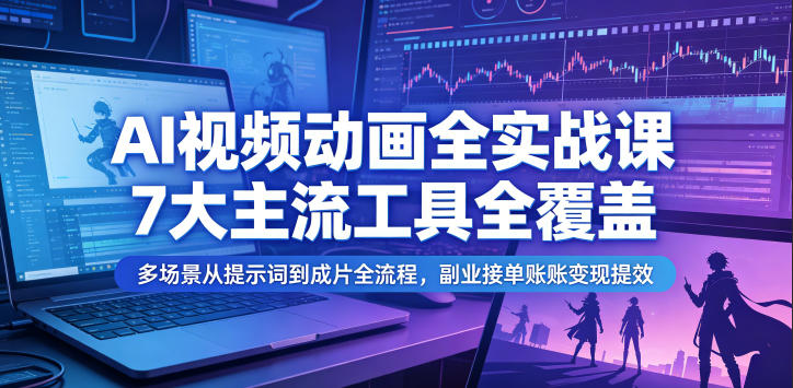 AI视频动画全实战课,7大主流工具全覆盖,多场景从提示词到成片全流程,副业接单账号变现提效-二当家网创资源站