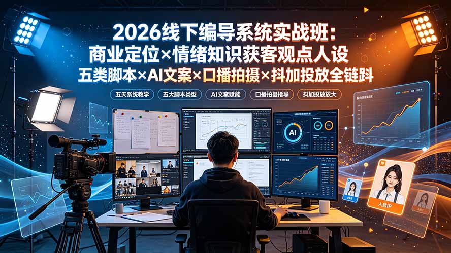 2026线下编导系统实战班：商业定位×情绪知识获客观点人设五类脚本×AI文案×口播拍摄×抖加投放全链路-二当家网创资源站