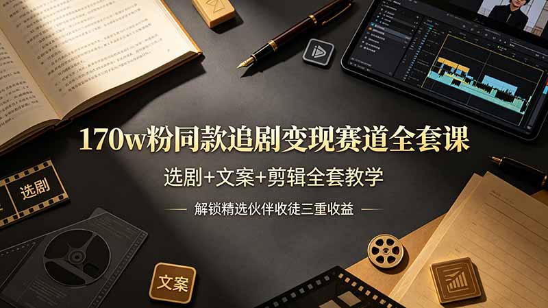 170w粉博主同款追剧变现赛道全套课，选剧+文案+剪辑全套教学，解锁精选伙伴收徒三重收益-二当家网创资源站