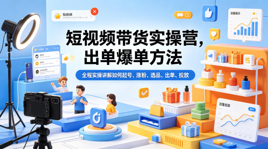 短视频带货实操营，出单爆单方法，全程实操讲解如何起号、涨粉、选品、出单、投放-二当家网创资源站