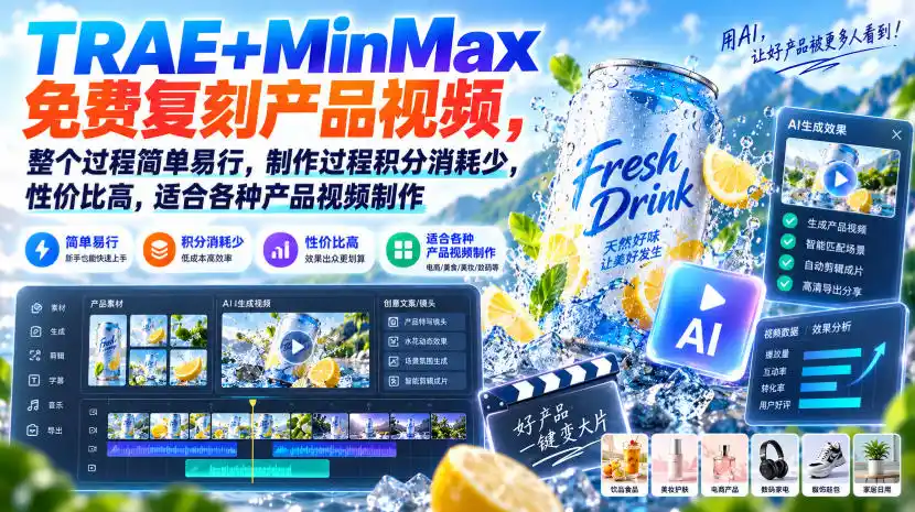 TRAE+MinMax免费复刻产品视频，整个过程简单易行，制作过程积分消耗少，性价比高，适合各种产品视频制作-二当家网创资源站