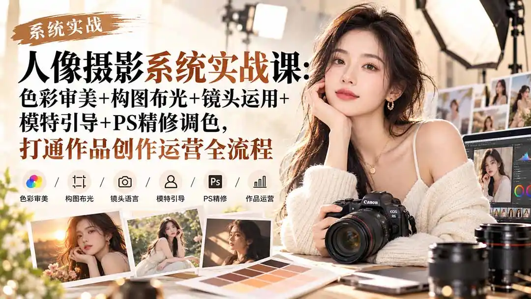 【无水印】人像摄影系统实战课:色彩审美+构图布光+镜头运用+模特引导+PS精修调色,打通作品创作运营全流程-二当家网创资源站