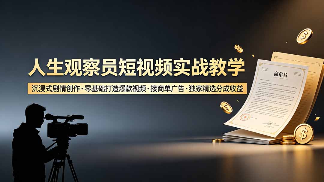 人生观察员短视频实战教学，沉浸式剧情创作，零基础打造爆款视频，接商单广告，独家精选分成收益-二当家网创资源站