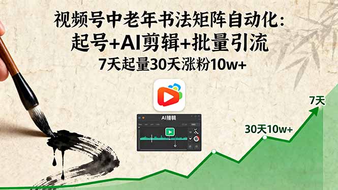 视频号中老年书法矩阵自动化：起号+AI剪辑+批量引流 7天起量30天涨粉10w+-二当家网创资源站