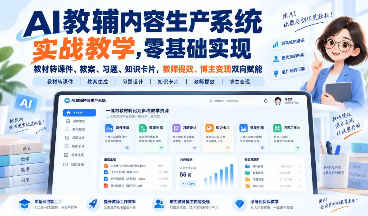 【无水印】AI教辅内容生产系统实战教学,零基础实现教材转课件、教案、习题、知识卡片,教师提效、博主变现双向赋能(更新0926)-二当家网创资源站