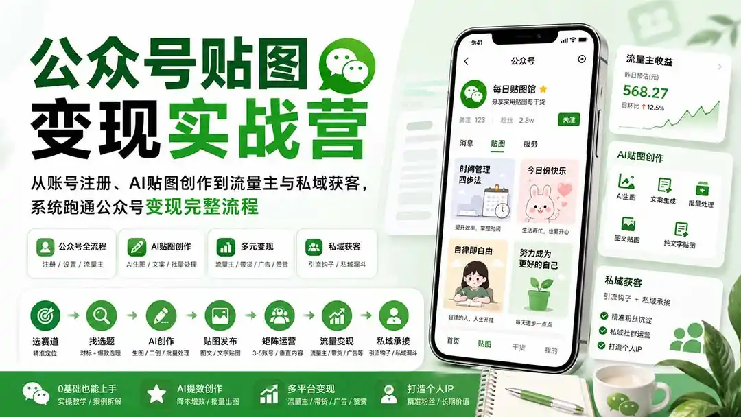 公众号贴图变现实战营：从账号注册、AI贴图创作到流量主与私域获客，系统跑通公众号变现完整流程-二当家网创资源站