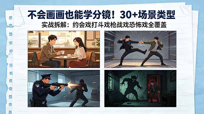 不会画画也能学分镜！30+场景类型实战拆解：约会戏打斗戏枪战戏恐怖戏全覆盖-二当家网创资源站