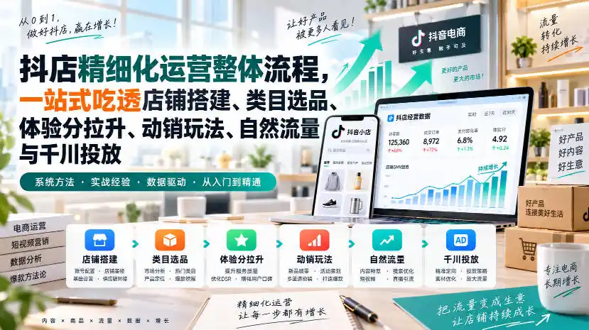李哥电商-抖店精细化运营整体流程,一站式吃透店铺搭建、类目选品、体验分拉升、动销玩法、自然流量与千川投放-二当家网创资源站