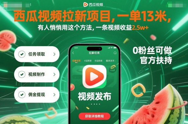 西瓜视频拉新项目，一单13米，有人悄悄用这个方法，一条视频收益2.5w+(附详细教程)-二当家网创资源站