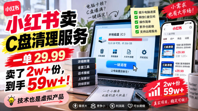 小红书卖C盘清理服务,一单29.99,卖了2w+份,技术也是虚拟产品-二当家网创资源站