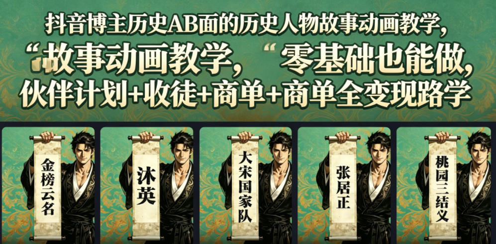抖音博主历史AB面的历史人物故事动画教学，零基础也能做，伙伴计划+收徒+商单全变现路径教学-二当家网创资源站