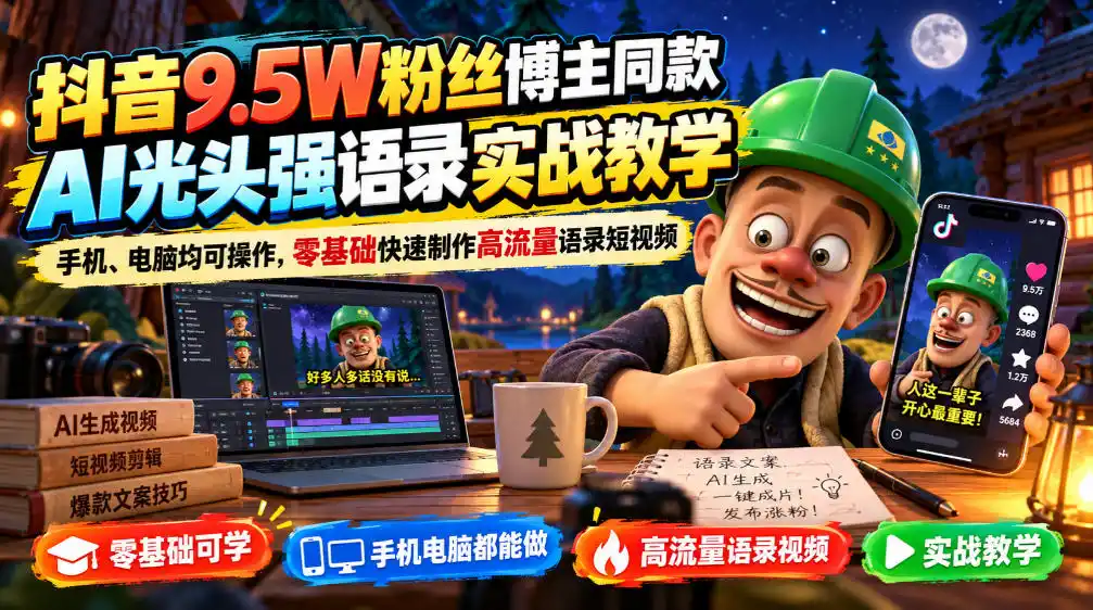 抖音9.5W粉丝博主同款AI光头强语录实战教学,手机、电脑均可操作,零基础快速制作高流量语录短视频-二当家网创资源站