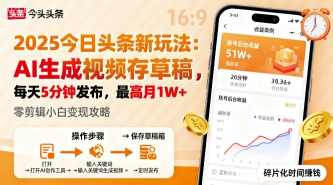 2025年今日头条躺賺新玩法，AI生成视频存草稿，每天5分钟发布，最高月1W+【揭秘】-二当家网创资源站