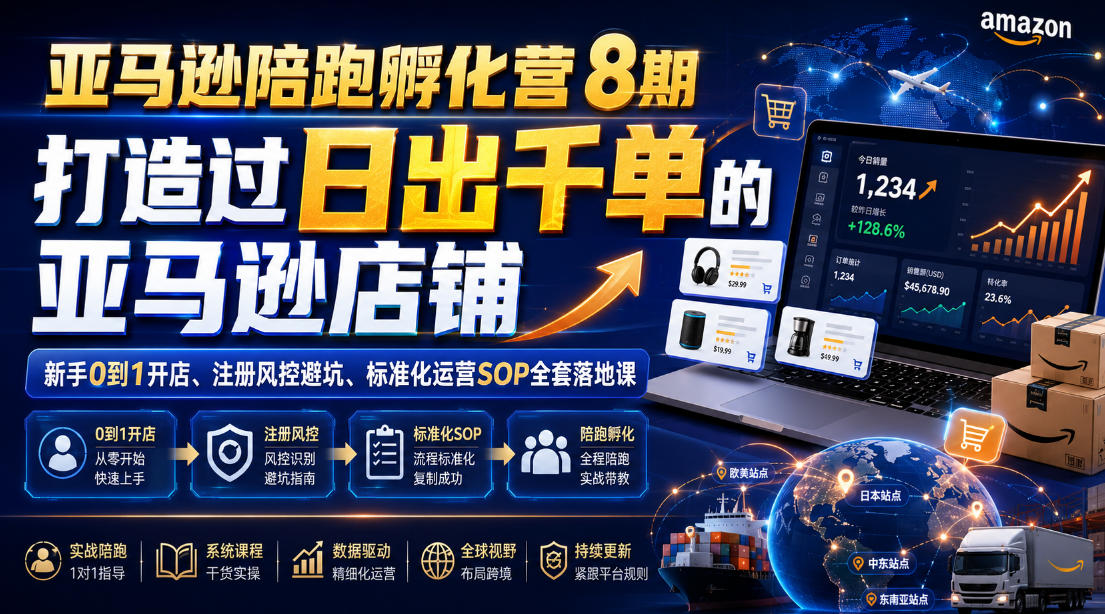 亚马逊陪跑孵化营8期,打造过日出千单的亚马逊店铺,新手0到1开店、注册风控避坑、标准化运营SOP全套落地课-二当家网创资源站