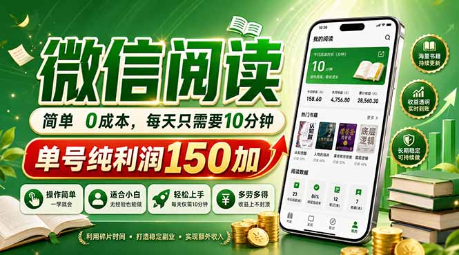 最新微信阅读，每日10分钟，单号利润150+，可批量放大操作，简单0成本-二当家网创资源站