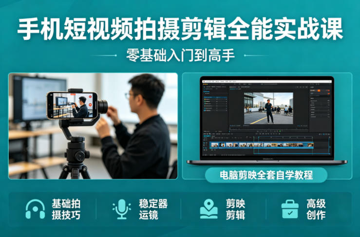 手机短视频拍摄剪辑全能实战课：零基础入门到高手，稳定器运镜+电脑剪映全套自学教程-二当家网创资源站