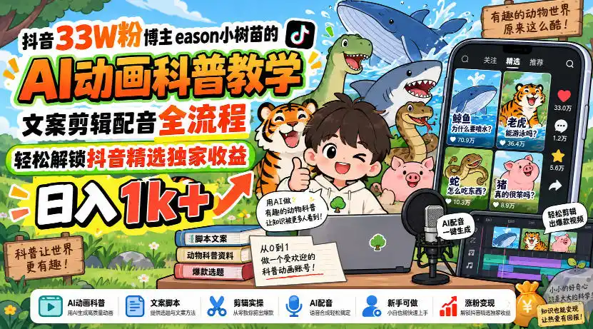 抖音33W粉博主eason小树苗的AI动画科普教学,文案剪辑配音全流程,轻松解锁抖音精选独家收益,日入1k+-二当家网创资源站