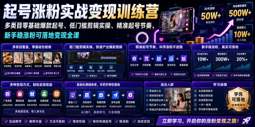 苗子起号涨粉实战变现训练营，多类目零基础爆款起号、精准起号节奏、新手稳涨粉可落地变现全课-二当家网创资源站