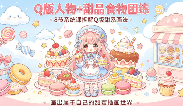 Q版人物+甜品食物团练,8节系统课拆解Q版甜系画法,画出属于自己的甜蜜插画世界-二当家网创资源站