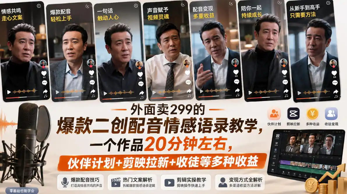 外面卖299的爆款二创配音情感语录教学，一个作品20分钟左右，伙伴计划+剪映拉新+收徒等多种收益-二当家网创资源站