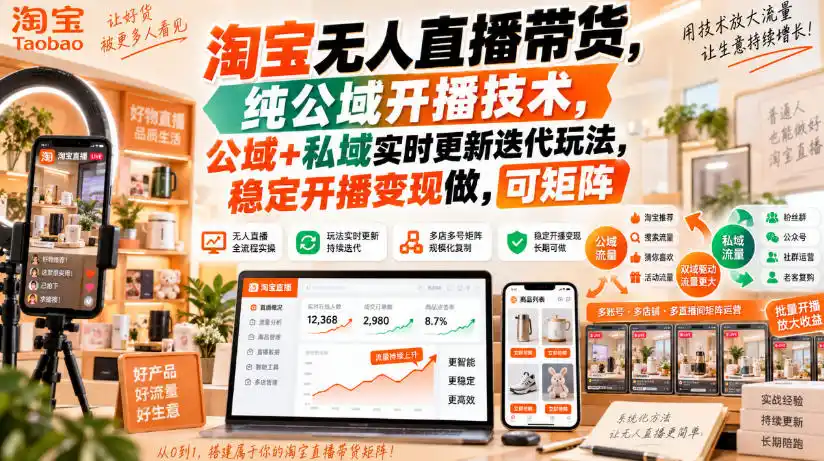 淘宝无人直播带货,纯公域开播技术,公域+私域实时更新迭代玩法,稳定开播变现做,可矩阵【揭秘】-二当家网创资源站