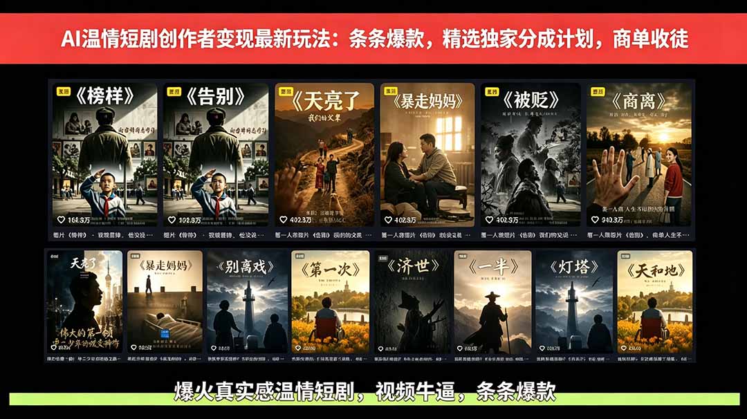 AI温情短剧创作者变现最新玩法：视频牛逼，条条爆款，精选独家分成计划，商单收徒-二当家网创资源站