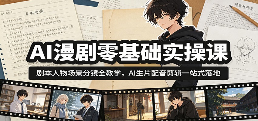 AI漫剧零基础实操课:剧本人物场景分镜全教学,AI生片配音剪辑一站式落地-二当家网创资源站