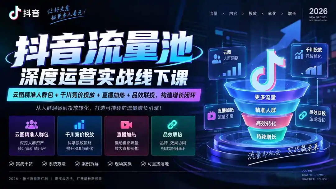 抖音流量池深度运营实战线下课|云图精准人群包+千川竞价投放+直播加热+品效联投,构建增长闭环-二当家网创资源站