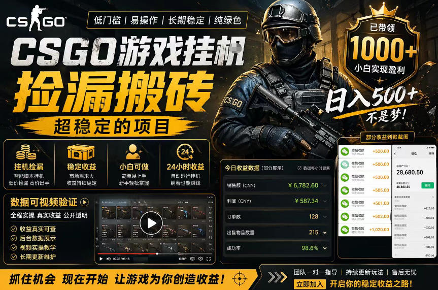 CSGO游戏搬砖，全自动挂G，不需要玩游戏，手机操作日入300+，解放双手【揭秘】-二当家网创资源站