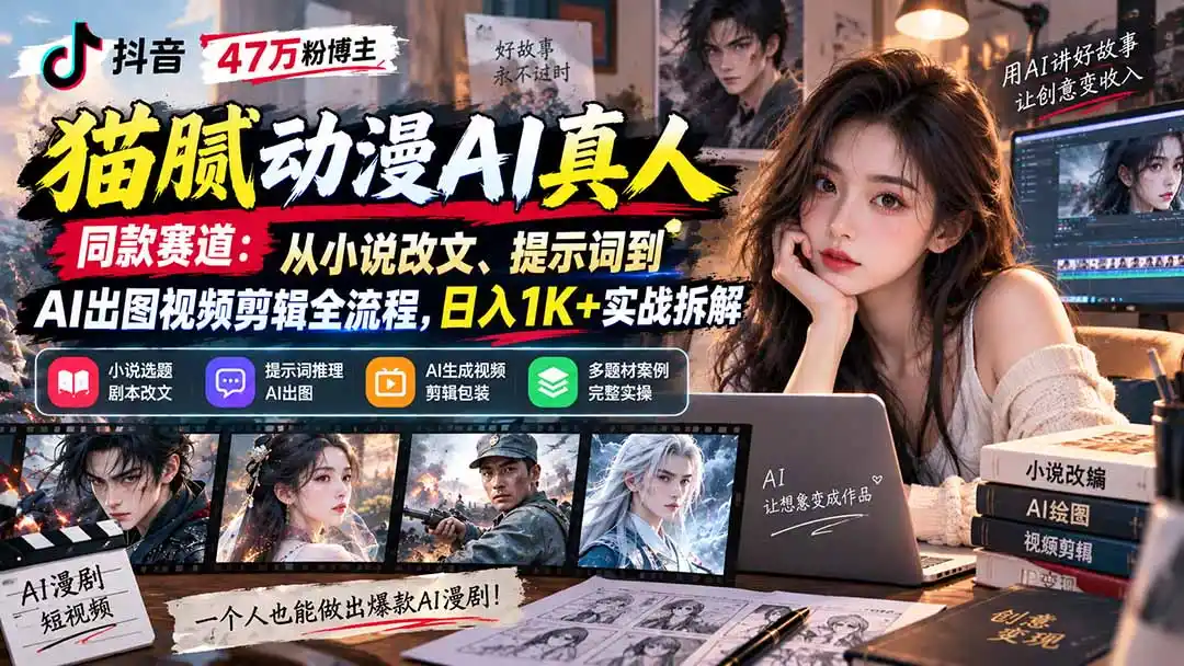 抖音47万粉博主猫腻动漫AI真人同款赛道:从小说改文、提示词到AI出图视频剪辑全流程,日入1K+实战拆解-二当家网创资源站