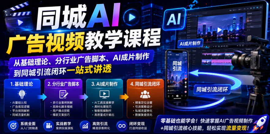 同城AI广告视频教学课程,从基础理论、分行业广告脚本、AI成片制作到同城引流闭环一站式讲透-二当家网创资源站