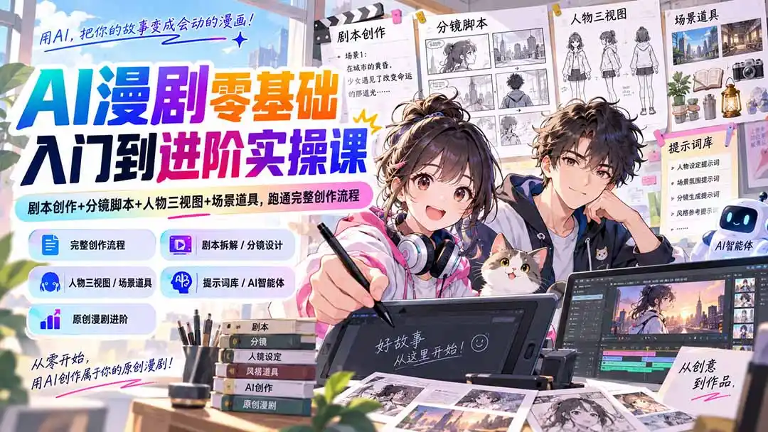 AI漫剧零基础入门到进阶实操课:剧本创作+分镜脚本+人物三视图+场景道具,跑通完整创作流程-二当家网创资源站