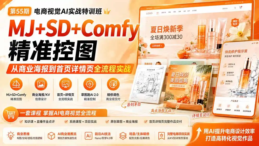 电商视觉 AI实战训练营第55期：MJ+SD+Comfy精准控图，从商业海报到首页详情页全流程实战-二当家网创资源站