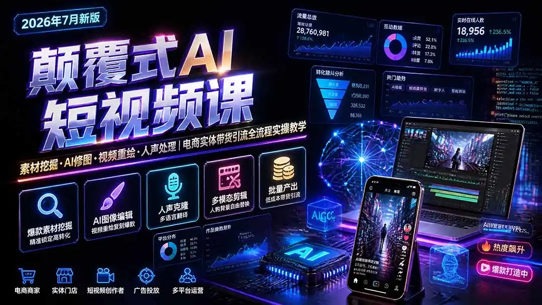 颠覆式AI短视频课-更新|素材挖掘,AI修图,视频重绘,人声处理|电商实体带货引流全流程实操教学-二当家网创资源站